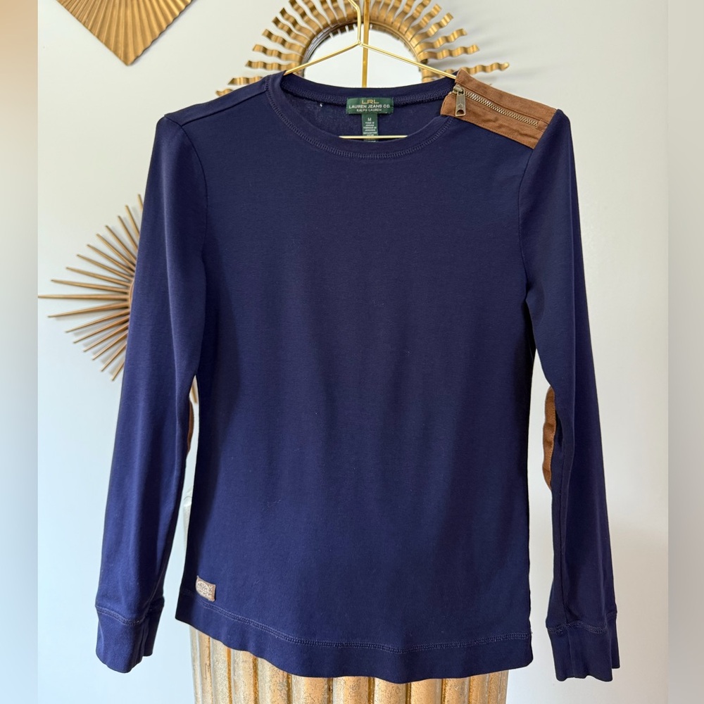 Ralph Lauren -Navy Blue Top with Tan Zipper Detail & Elbow Patches